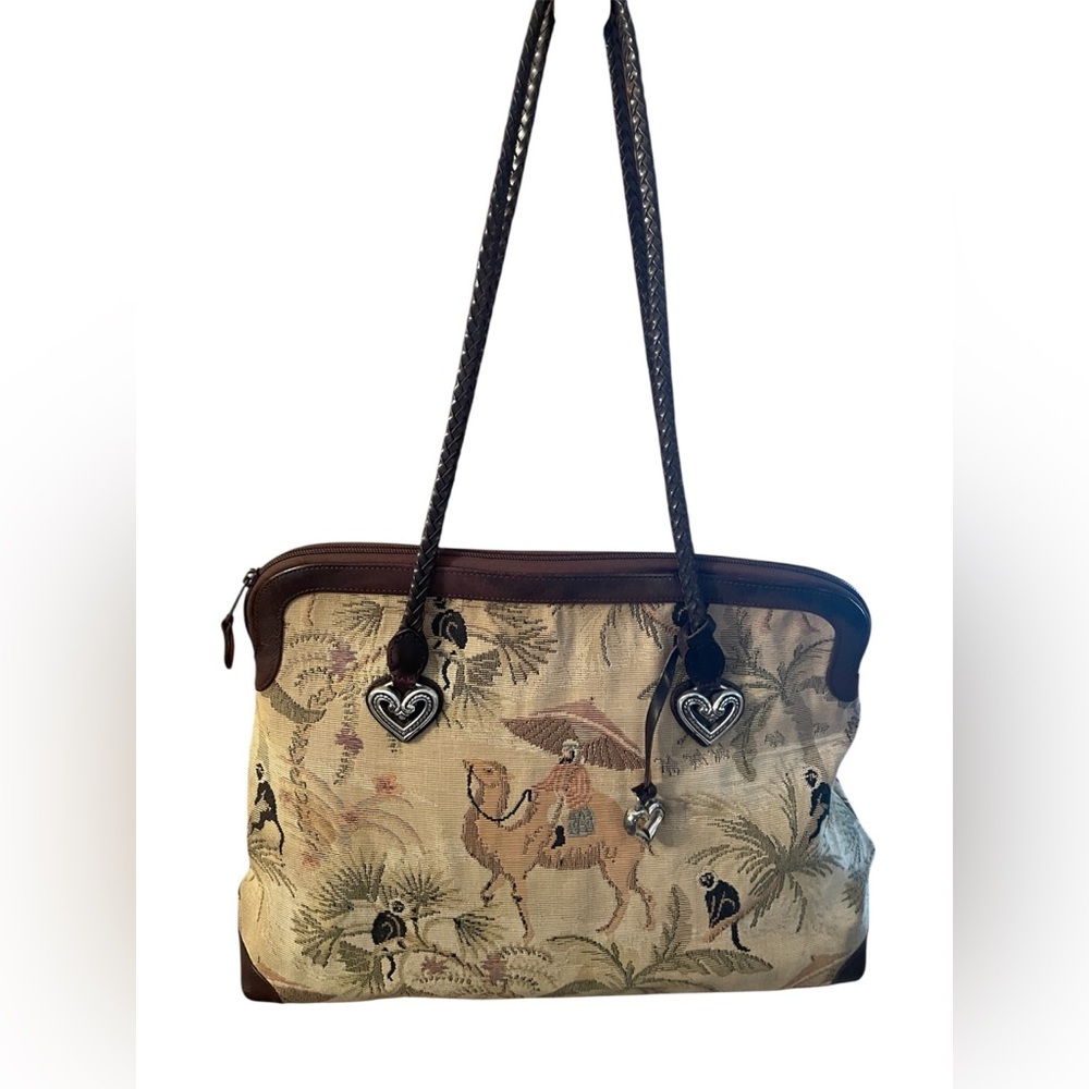 Brighton Tapestry Camel Pattern Duffle Tote Weekender Bag with Brown Trim
